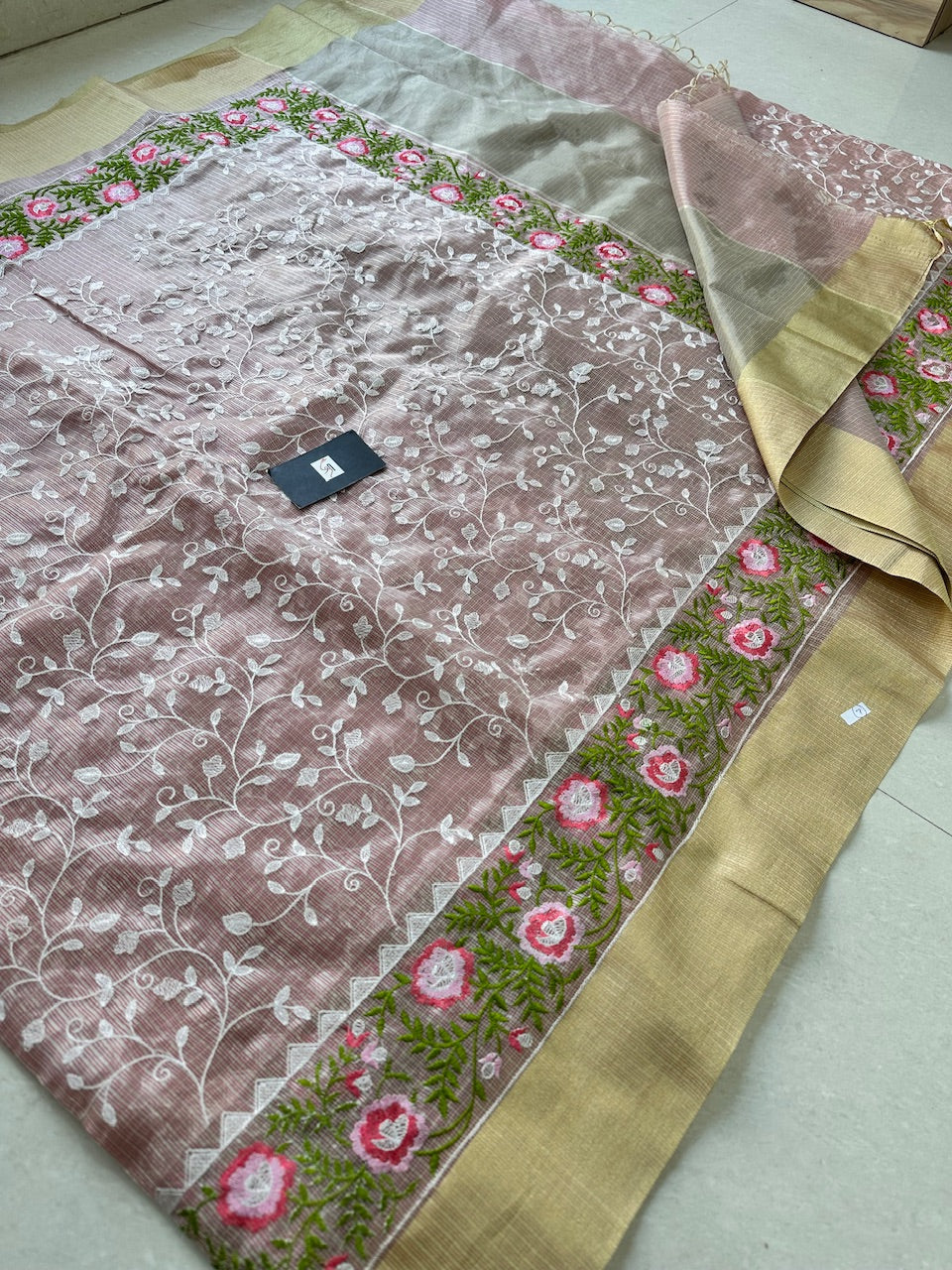 Embroidered Kota Cotton Doria Tissue Saree