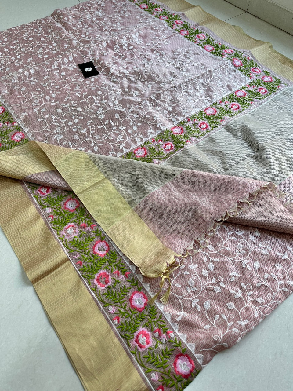 Embroidered Kota Cotton Doria Tissue Saree