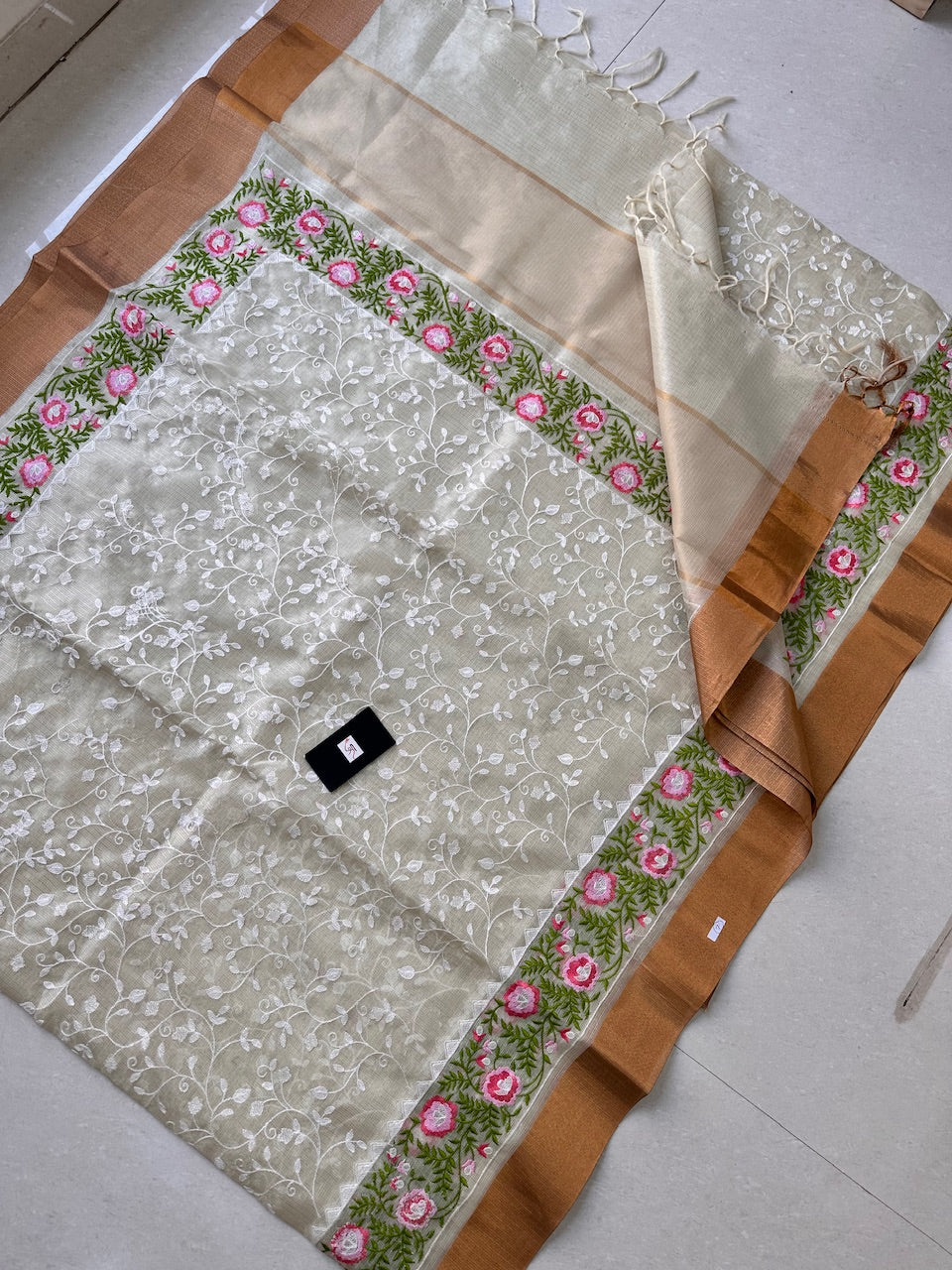 Embroidered Kota Cotton Tissue Doria Saree