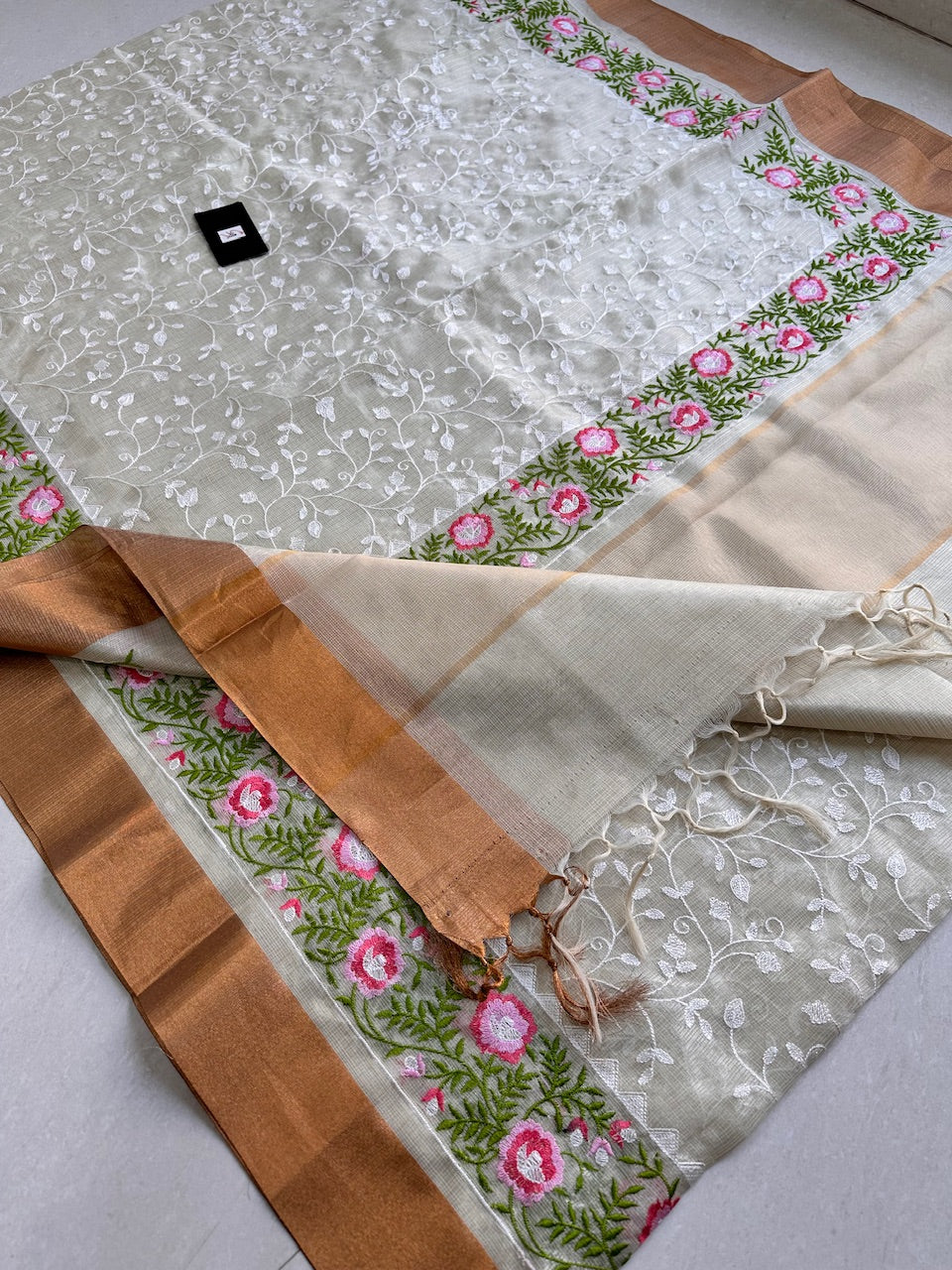 Embroidered Kota Cotton Tissue Doria Saree