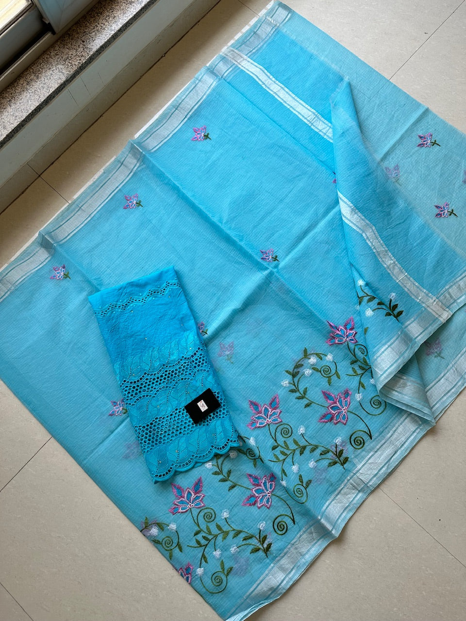 Embroidered Kota Cotton Doria Saree