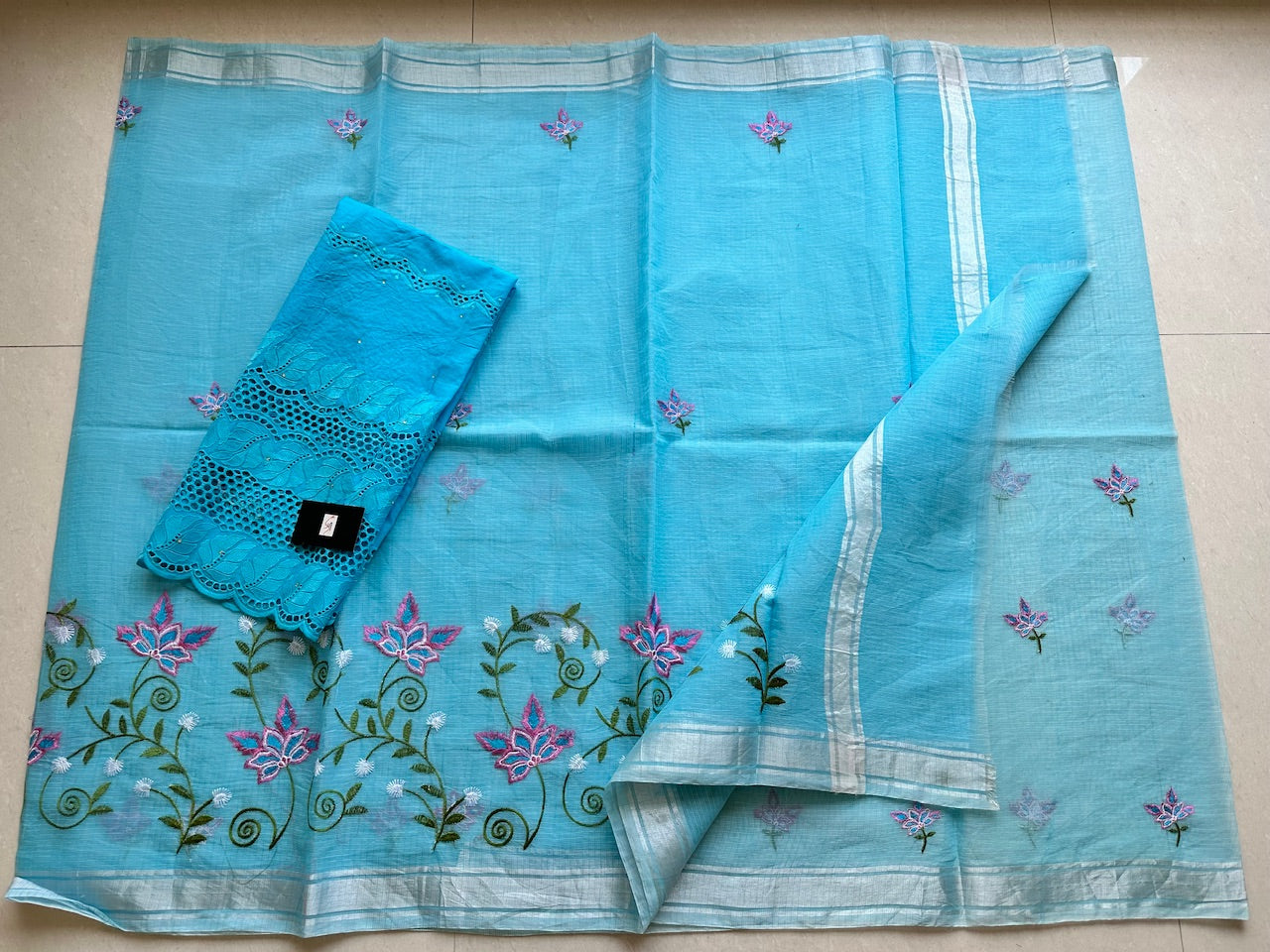 Embroidered Kota Cotton Doria Saree