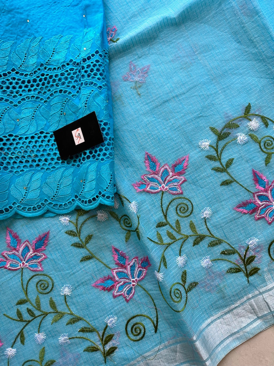 Embroidered Kota Cotton Doria Saree