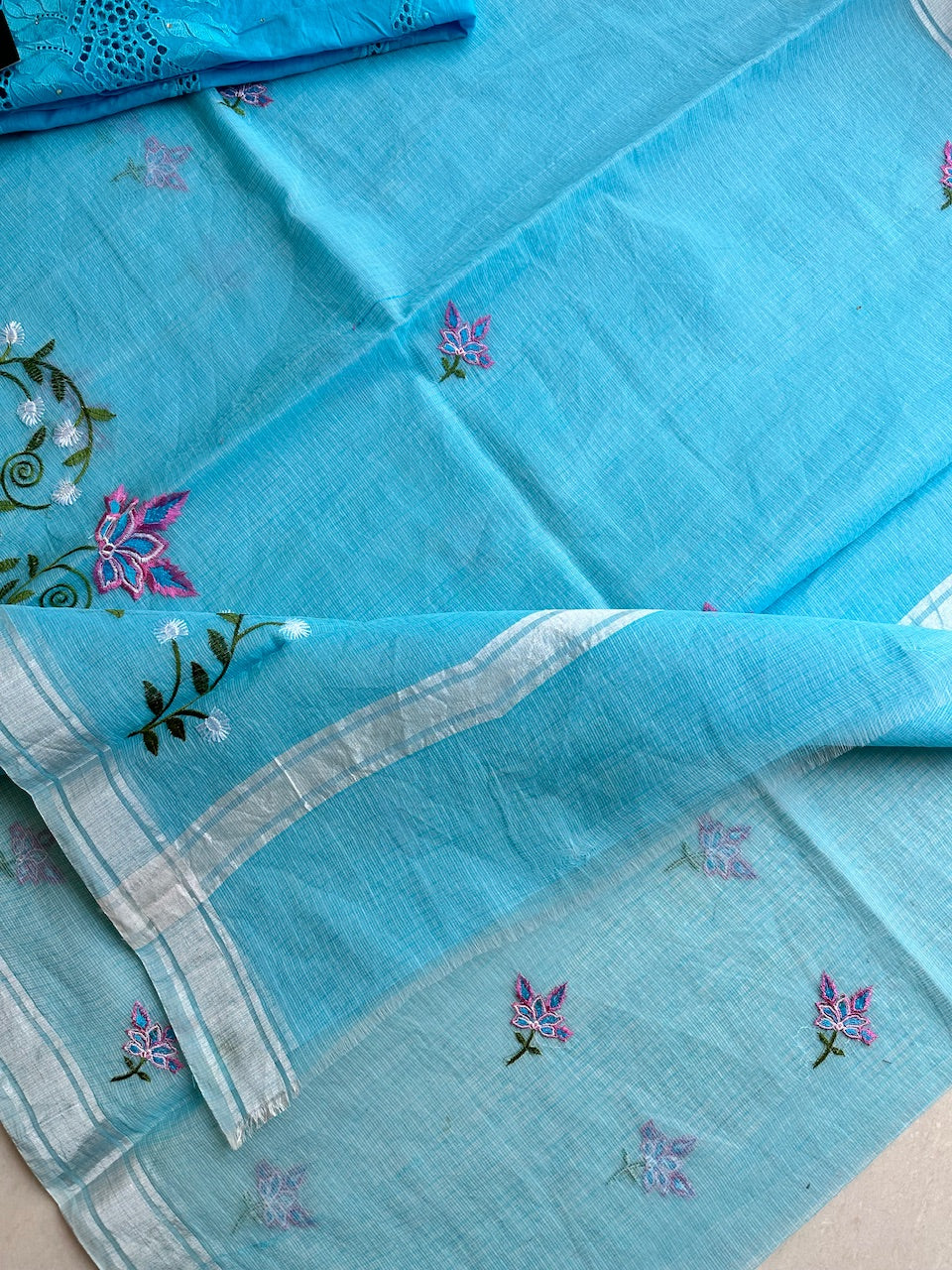 Embroidered Kota Cotton Doria Saree