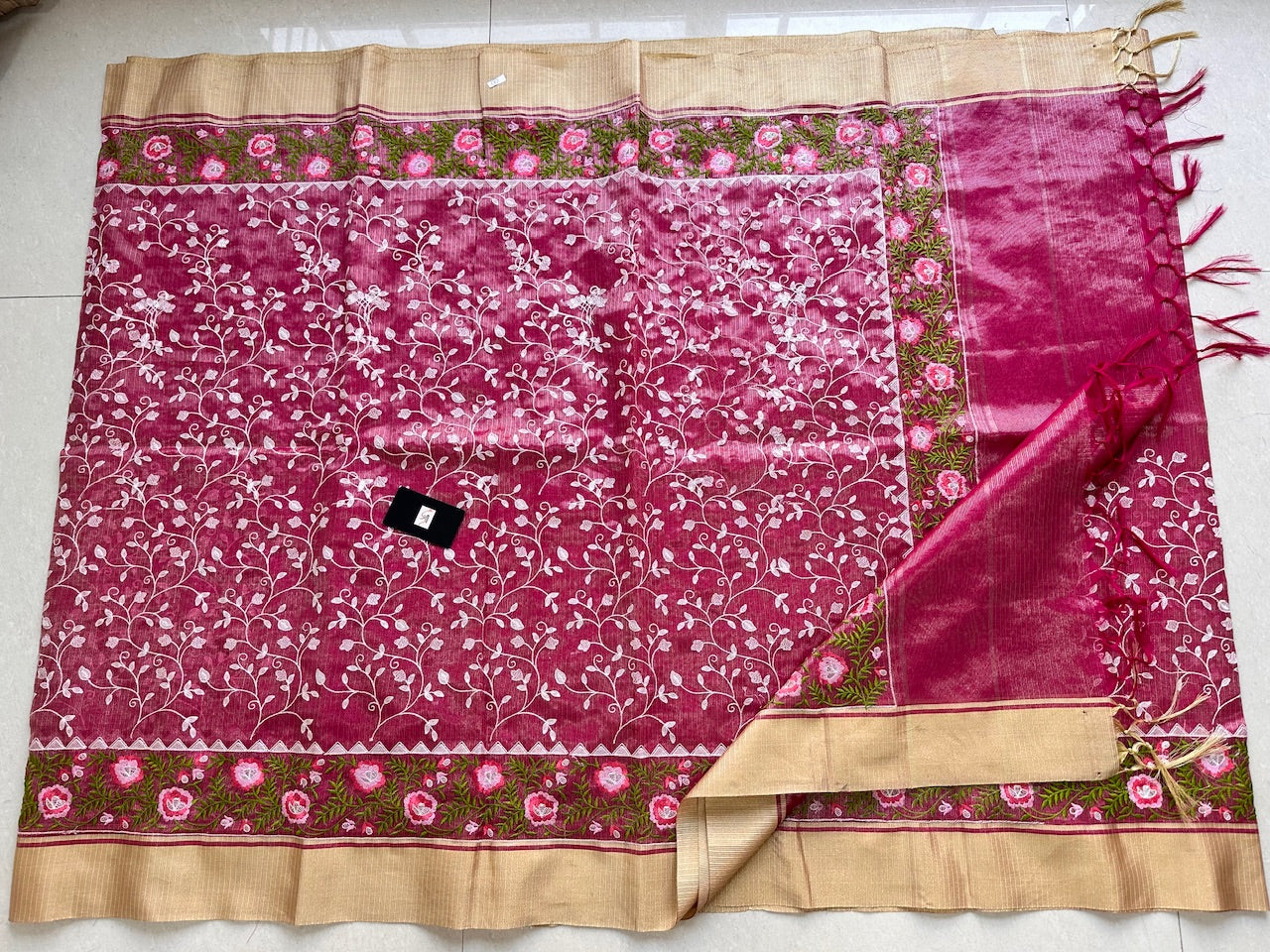 Embroidered Kota Cotton Doria Tissue Saree