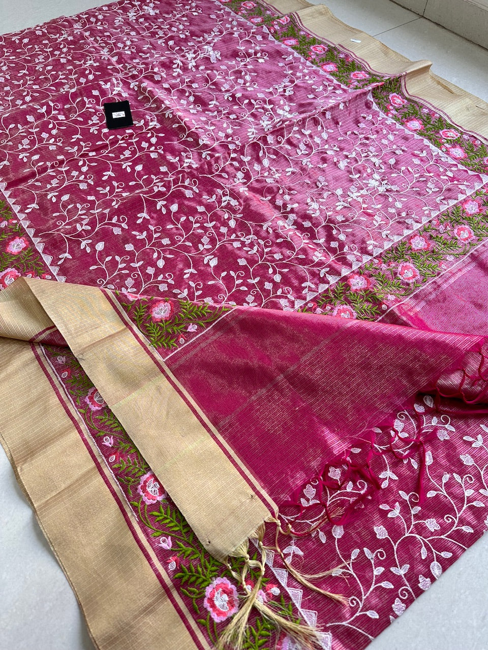 Embroidered Kota Cotton Doria Tissue Saree