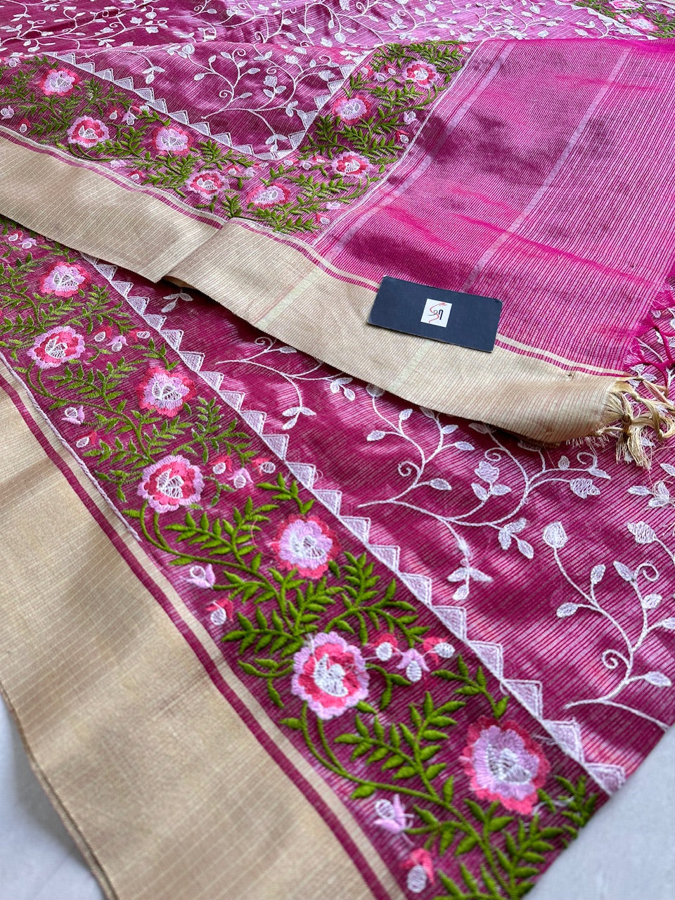 Embroidered Kota Cotton Doria Tissue Saree