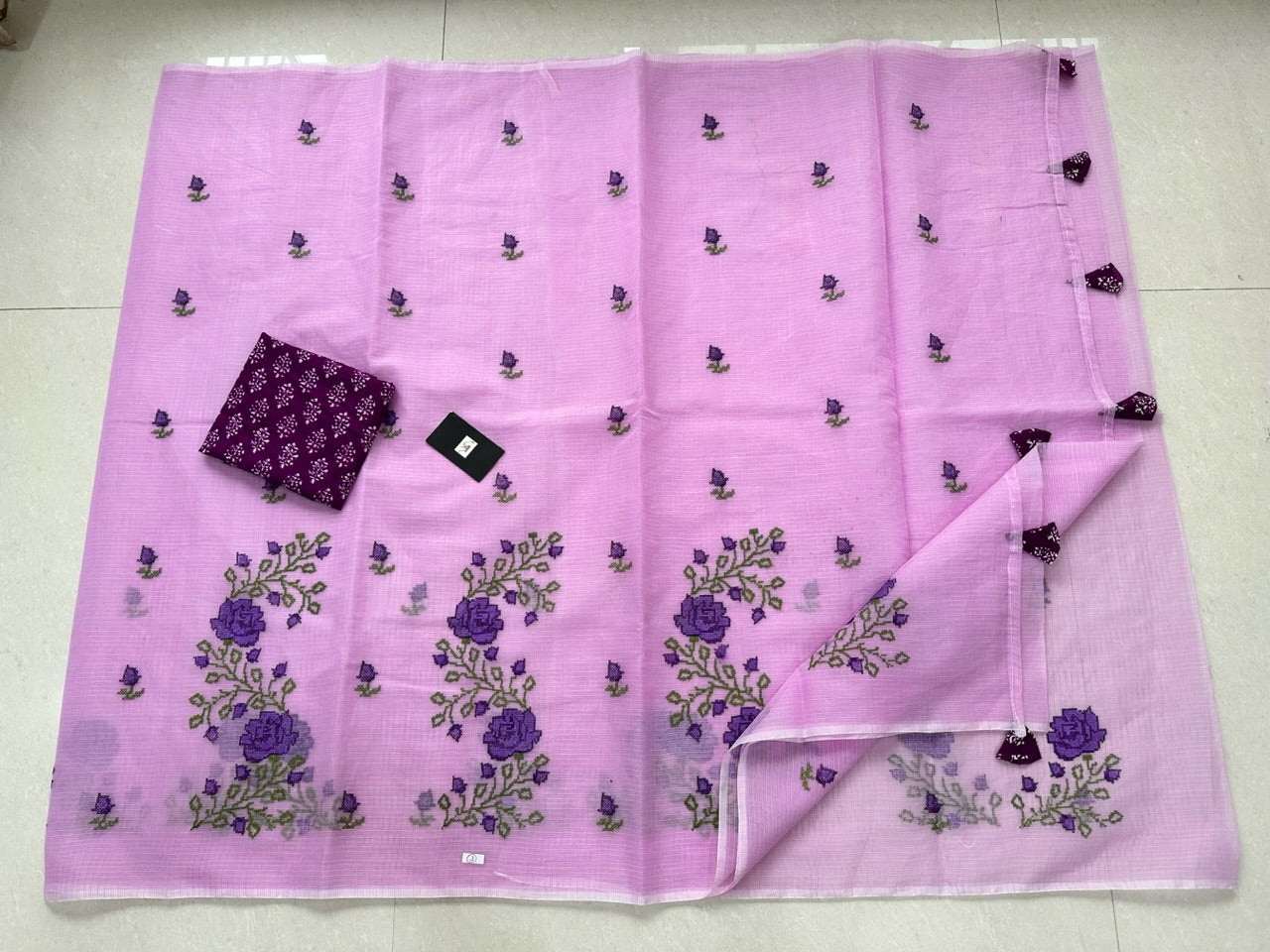 Embroidered Kota Cotton Doria Saree