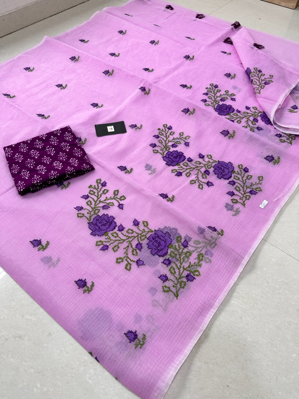 Embroidered Kota Cotton Doria Saree