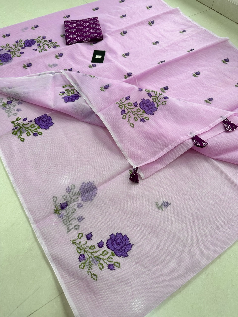 Embroidered Kota Cotton Doria Saree