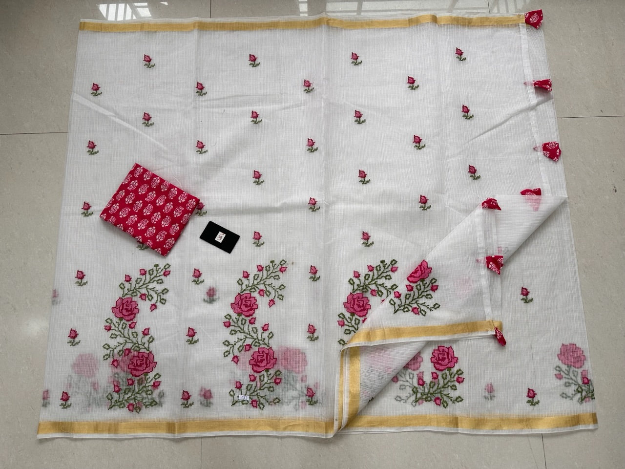 Embroidered Kota Cotton Doria Saree