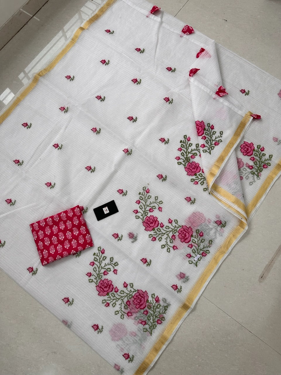 Embroidered Kota Cotton Doria Saree