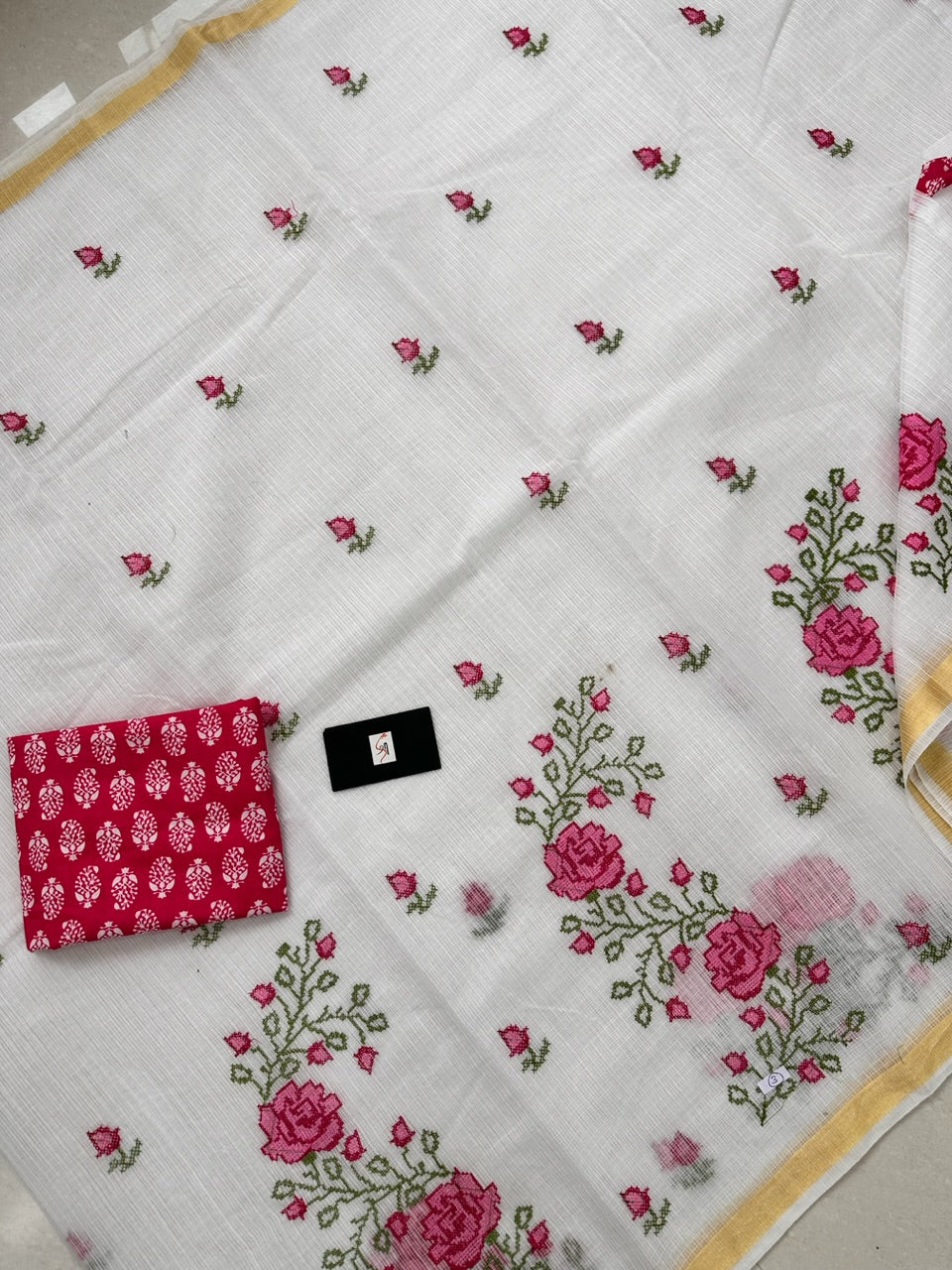 Embroidered Kota Cotton Doria Saree