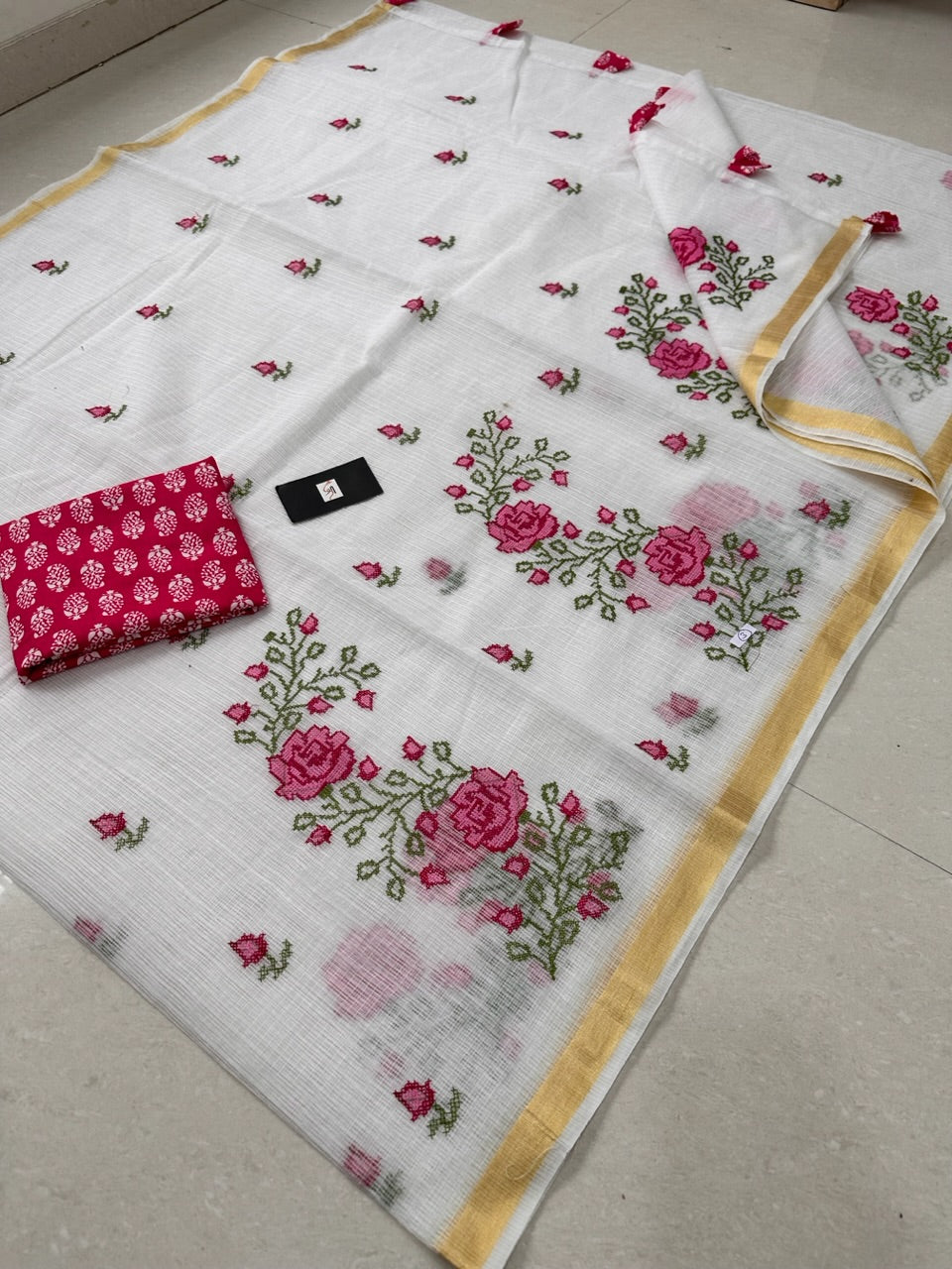 Embroidered Kota Cotton Doria Saree