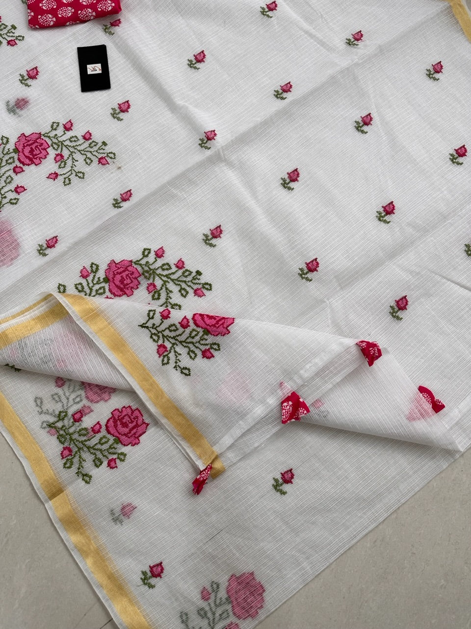 Embroidered Kota Cotton Doria Saree