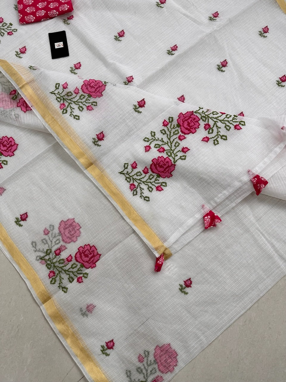 Embroidered Kota Cotton Doria Saree