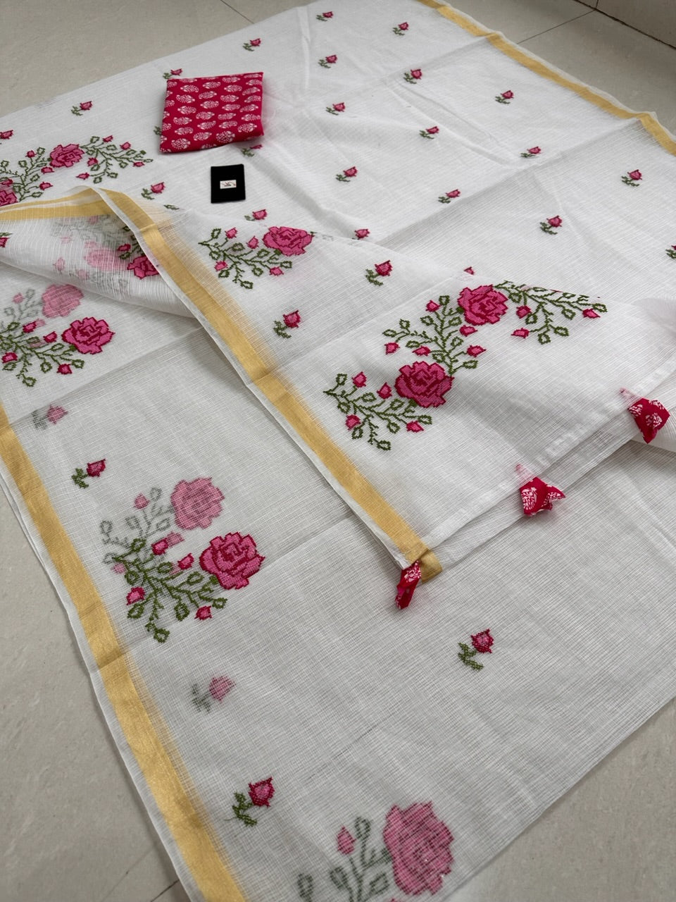 Embroidered Kota Cotton Doria Saree