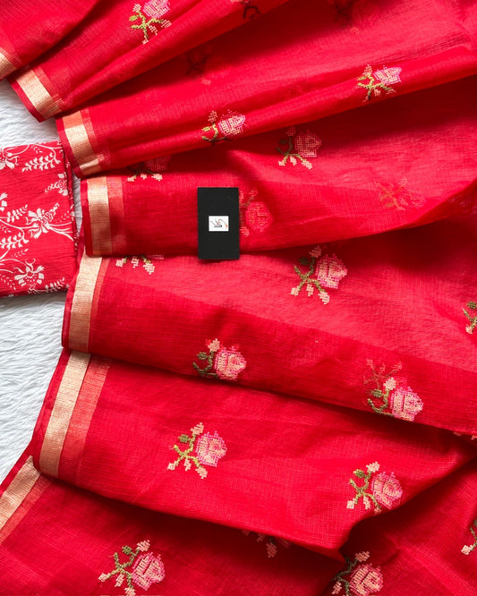 Embroidered Kota Cotton Doria Saree