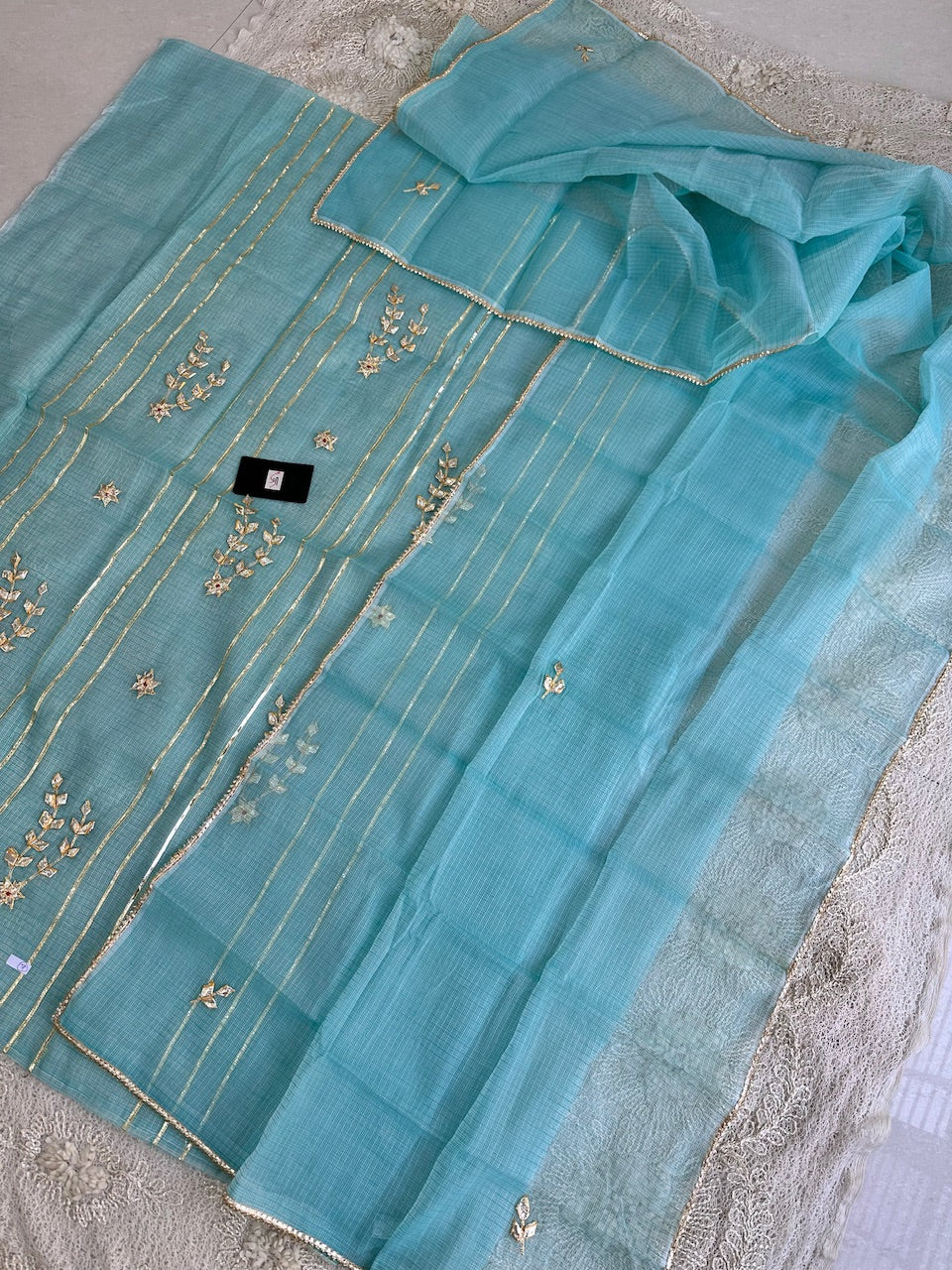 Jaipuri Kachi Gota Patti Hand Embroidered Kota Cotton Doria Top N Dupatta (Suit)