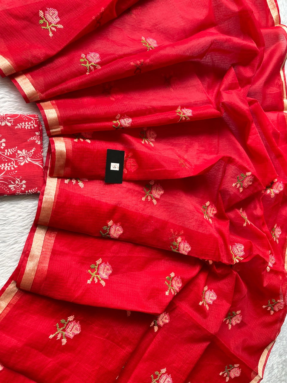 Embroidered Kota Cotton Doria Saree