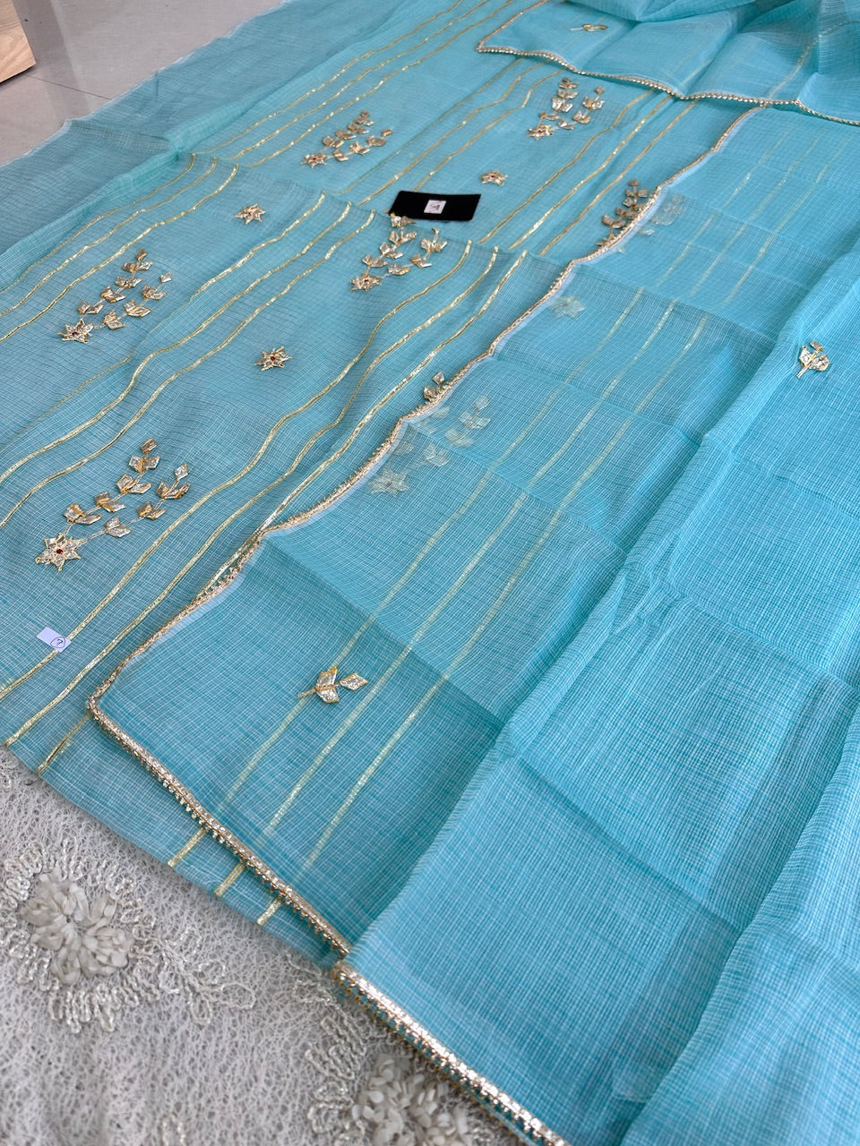 Jaipuri Kachi Gota Patti Hand Embroidered Kota Cotton Doria Top N Dupatta (Suit)