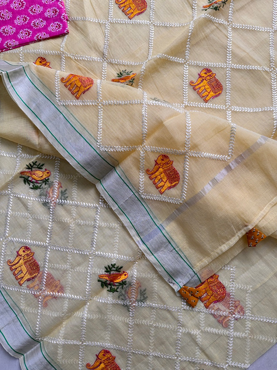 Embroidered Kota Cotton Doria Saree