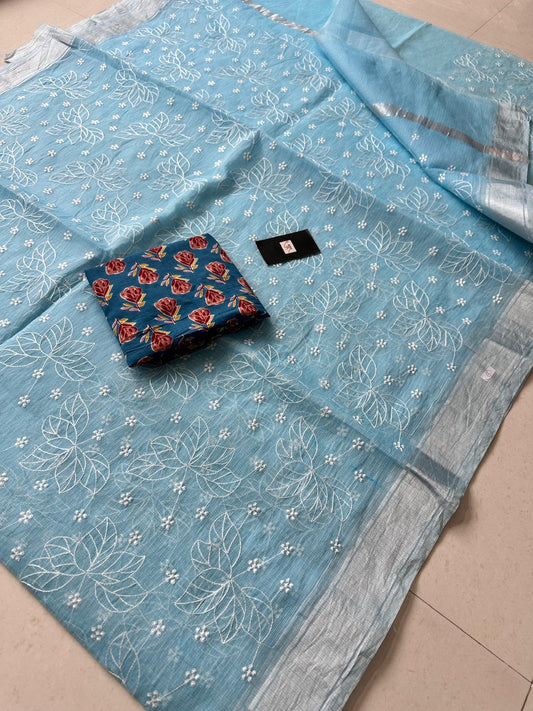 Embroidered Kota Cotton Doria Saree