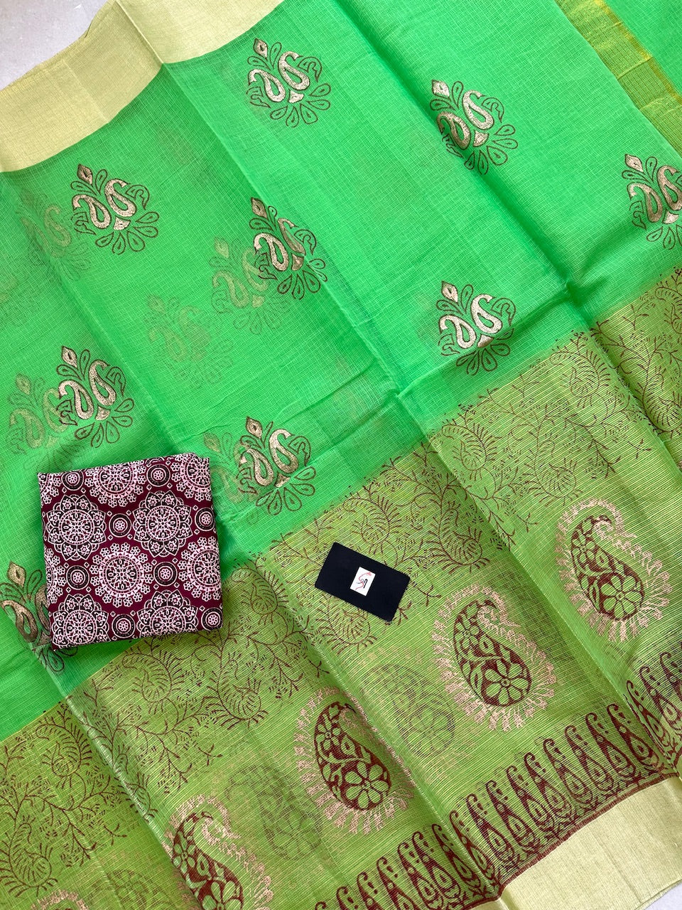 HandBlock Printed Kota Cotton Half Doria Half Tissue  Saree