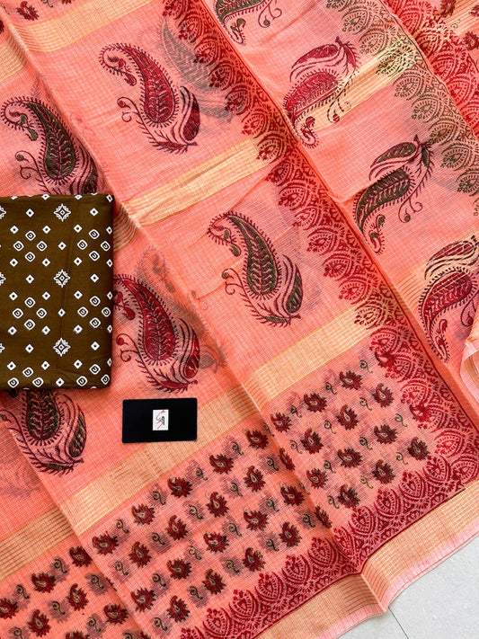 HandBlock Printed Kota Cotton Doria Saree