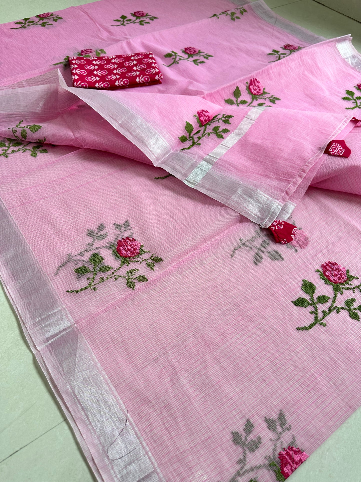 Embroidered Kota Cotton Doria Saree