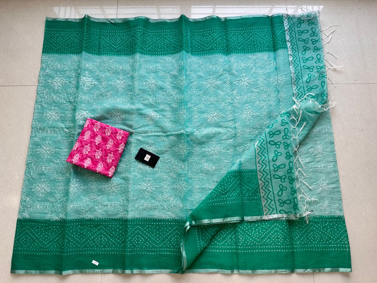 Embroidered HandBlock Printed Kota Cotton Doria Saree