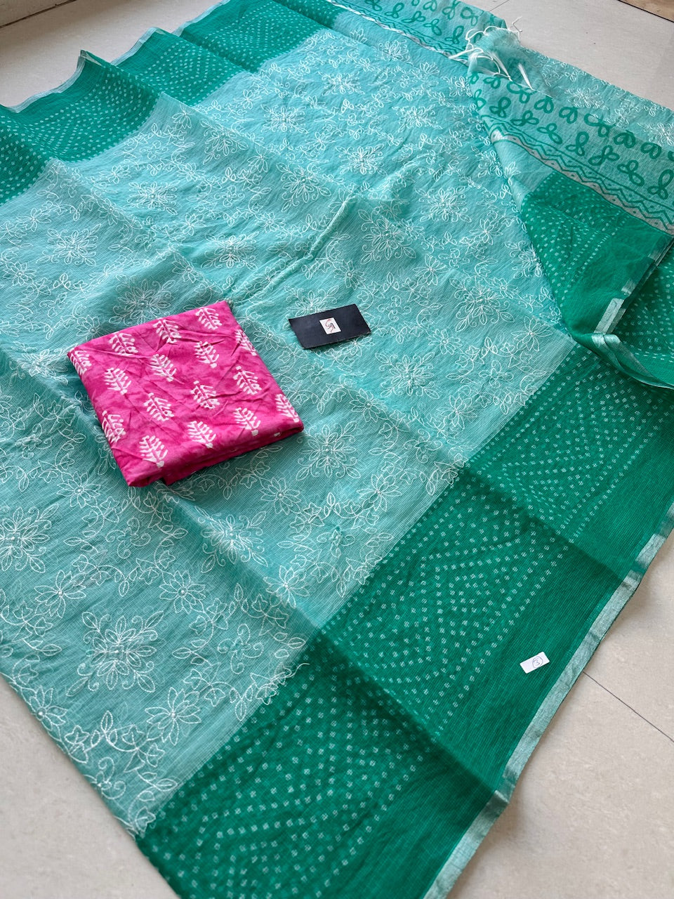 Embroidered HandBlock Printed Kota Cotton Doria Saree