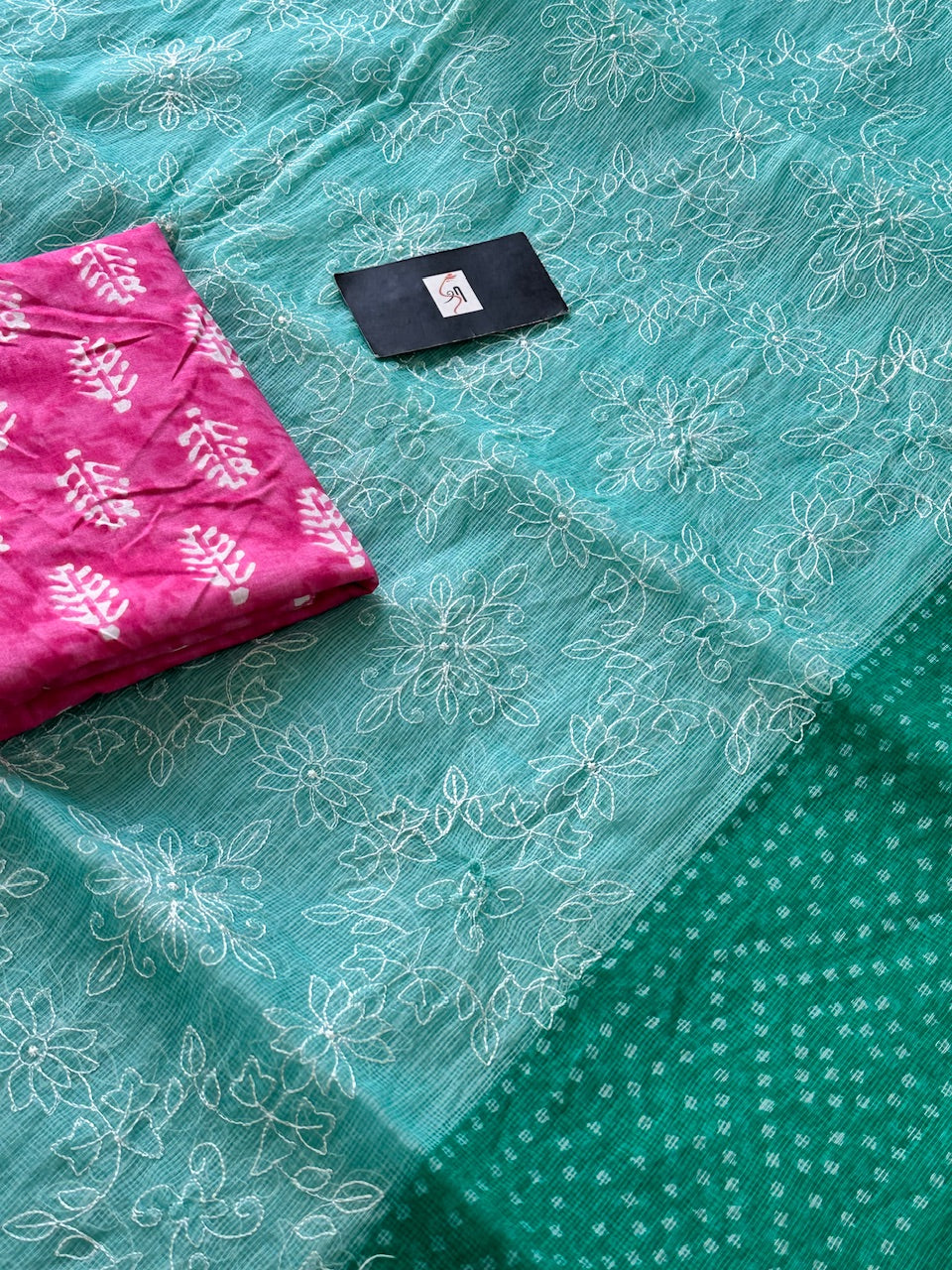 Embroidered HandBlock Printed Kota Cotton Doria Saree