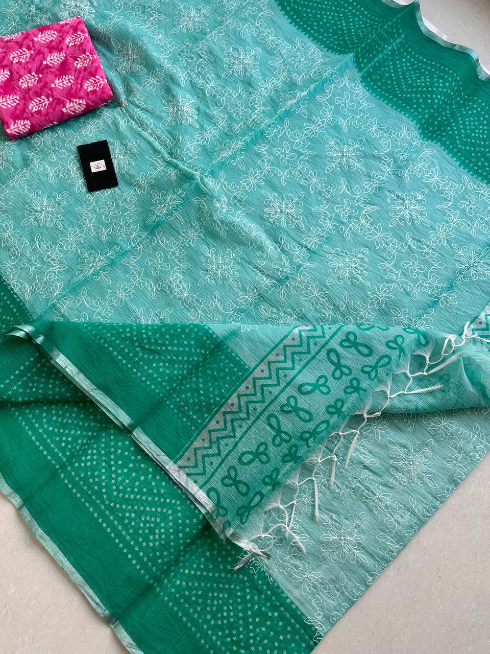 Embroidered HandBlock Printed Kota Cotton Doria Saree