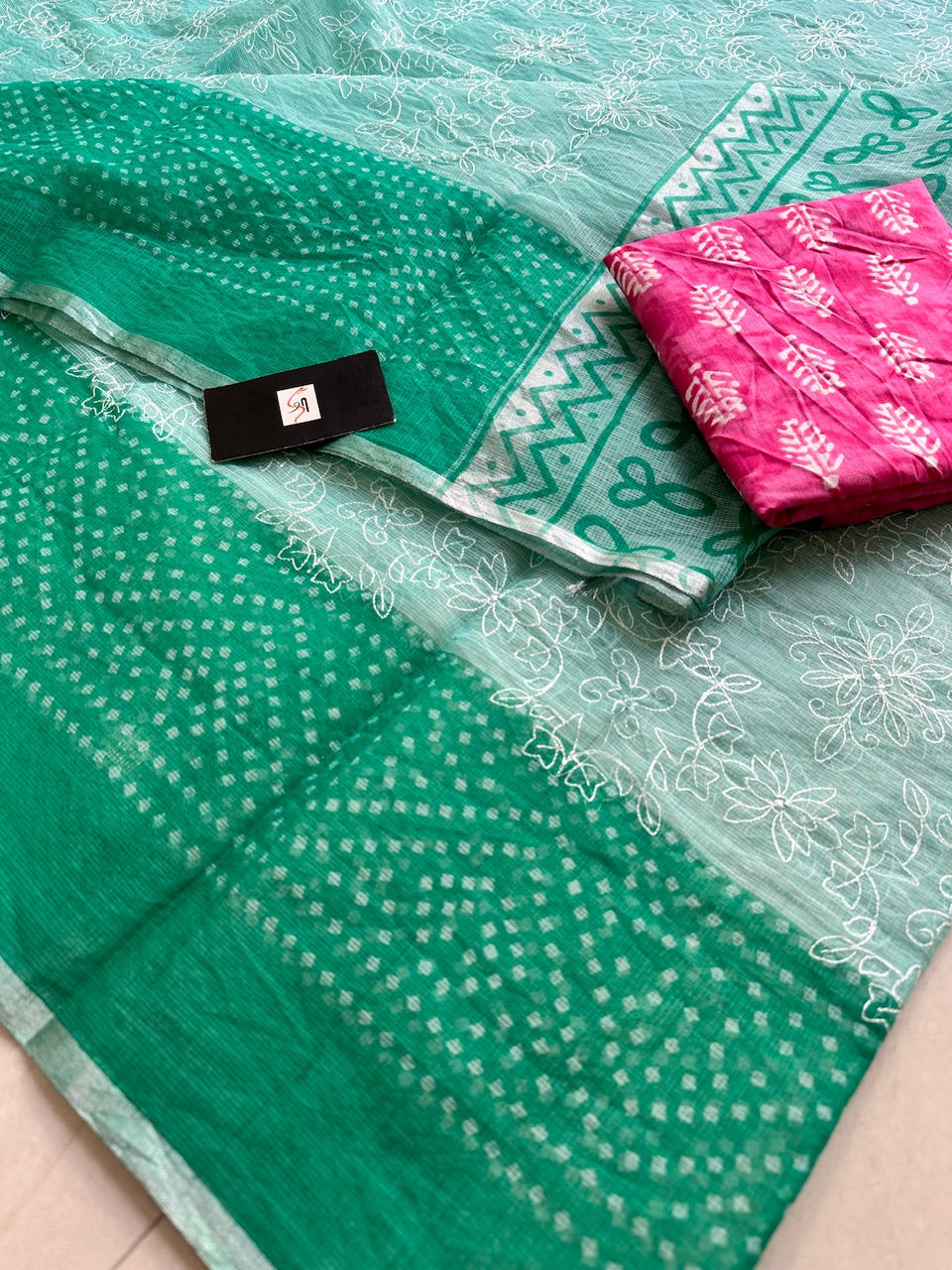 Embroidered HandBlock Printed Kota Cotton Doria Saree