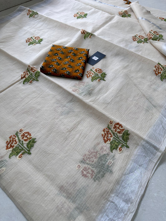 Embroidered Kota Cotton Doria Saree