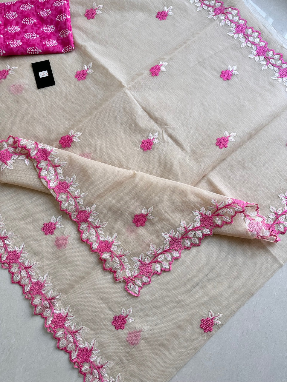 Embroidered Kota Cotton Doria Saree