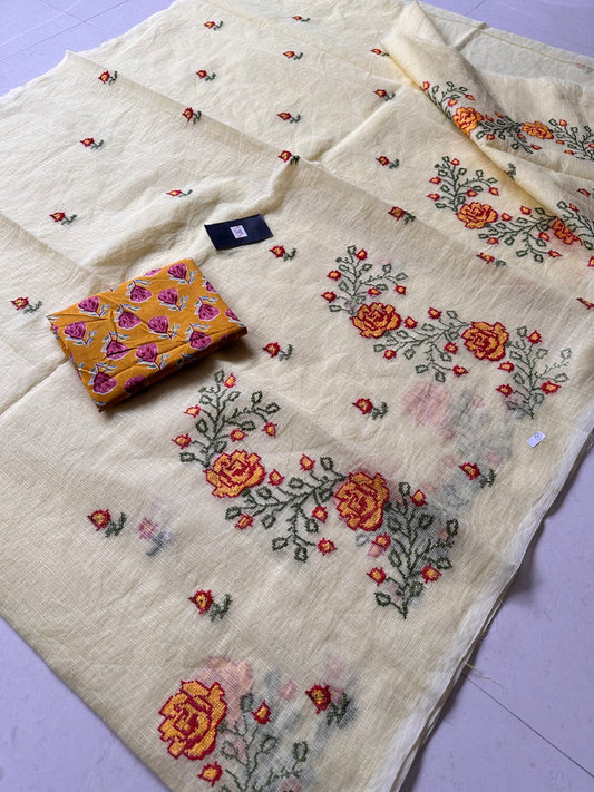 Embroidered Kota Cotton Doria Saree