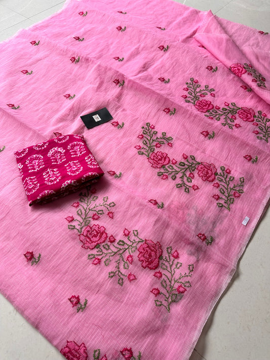 Embroidered Kota Cotton Doria Saree