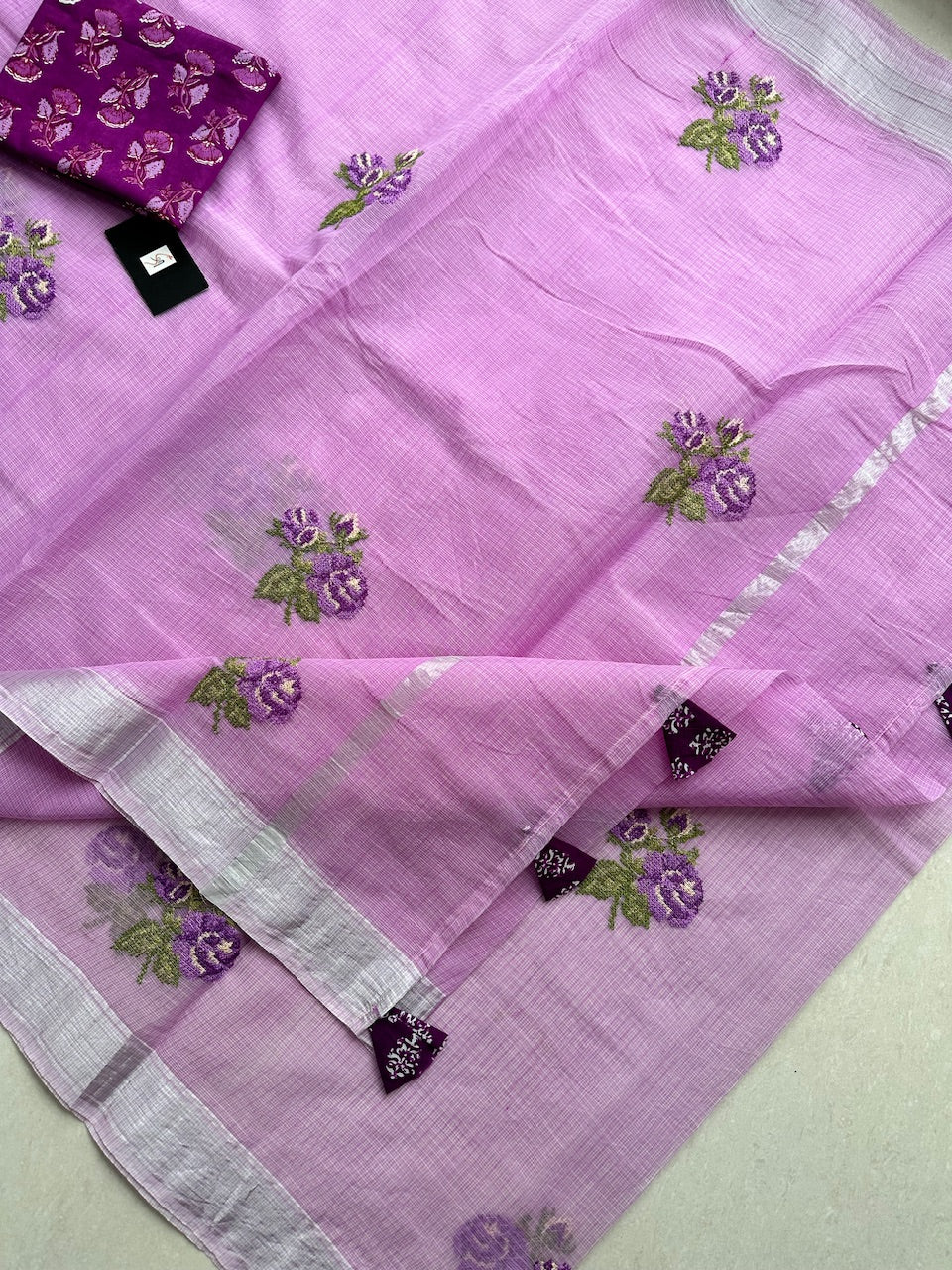 Embroidered Kota Cotton Doria Saree