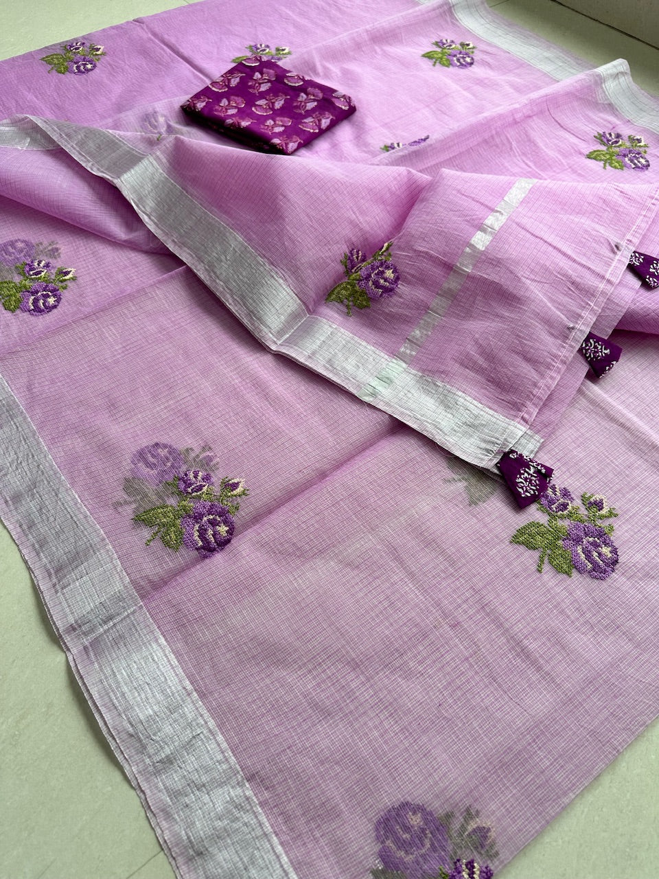 Embroidered Kota Cotton Doria Saree