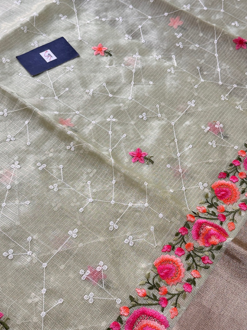 Embroidered Kota Cotton Doria Tissue Saree