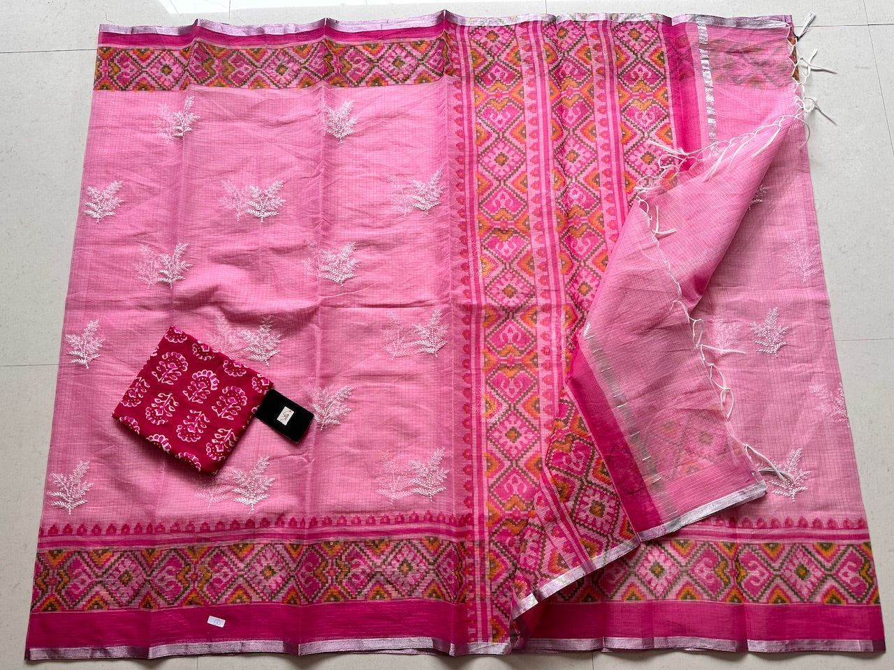 Embroidered HandBlock Printed Kota Cotton Doria Saree