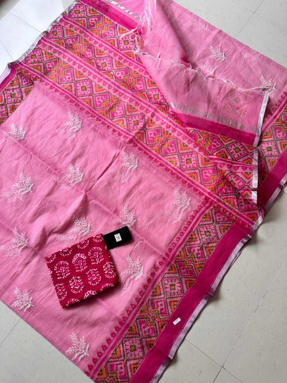 Embroidered HandBlock Printed Kota Cotton Doria Saree