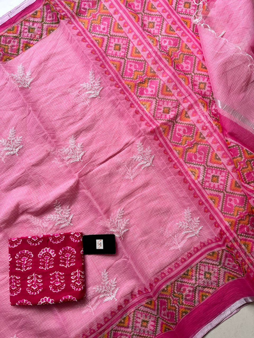 Embroidered HandBlock Printed Kota Cotton Doria Saree