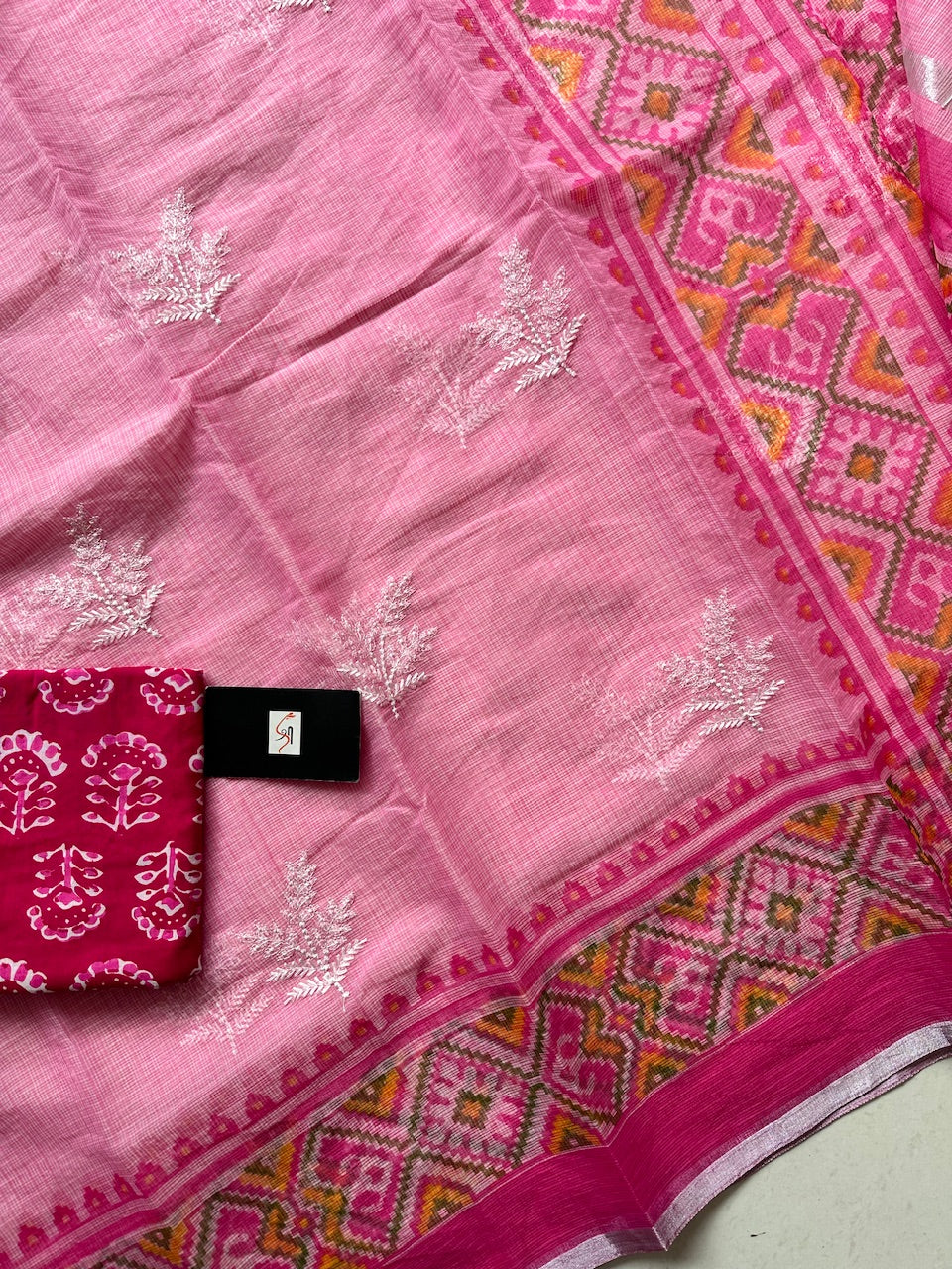 Embroidered HandBlock Printed Kota Cotton Doria Saree