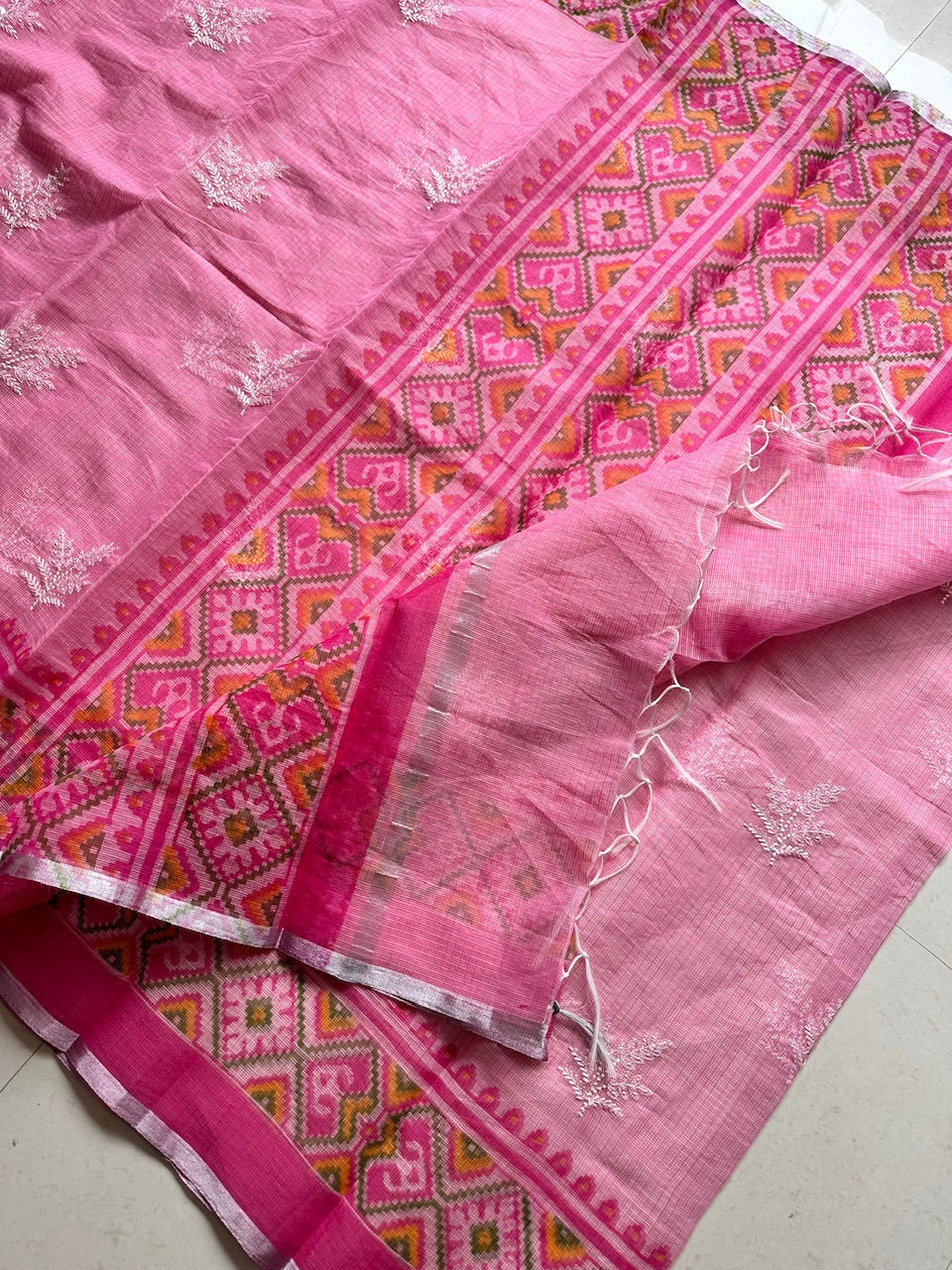 Embroidered HandBlock Printed Kota Cotton Doria Saree