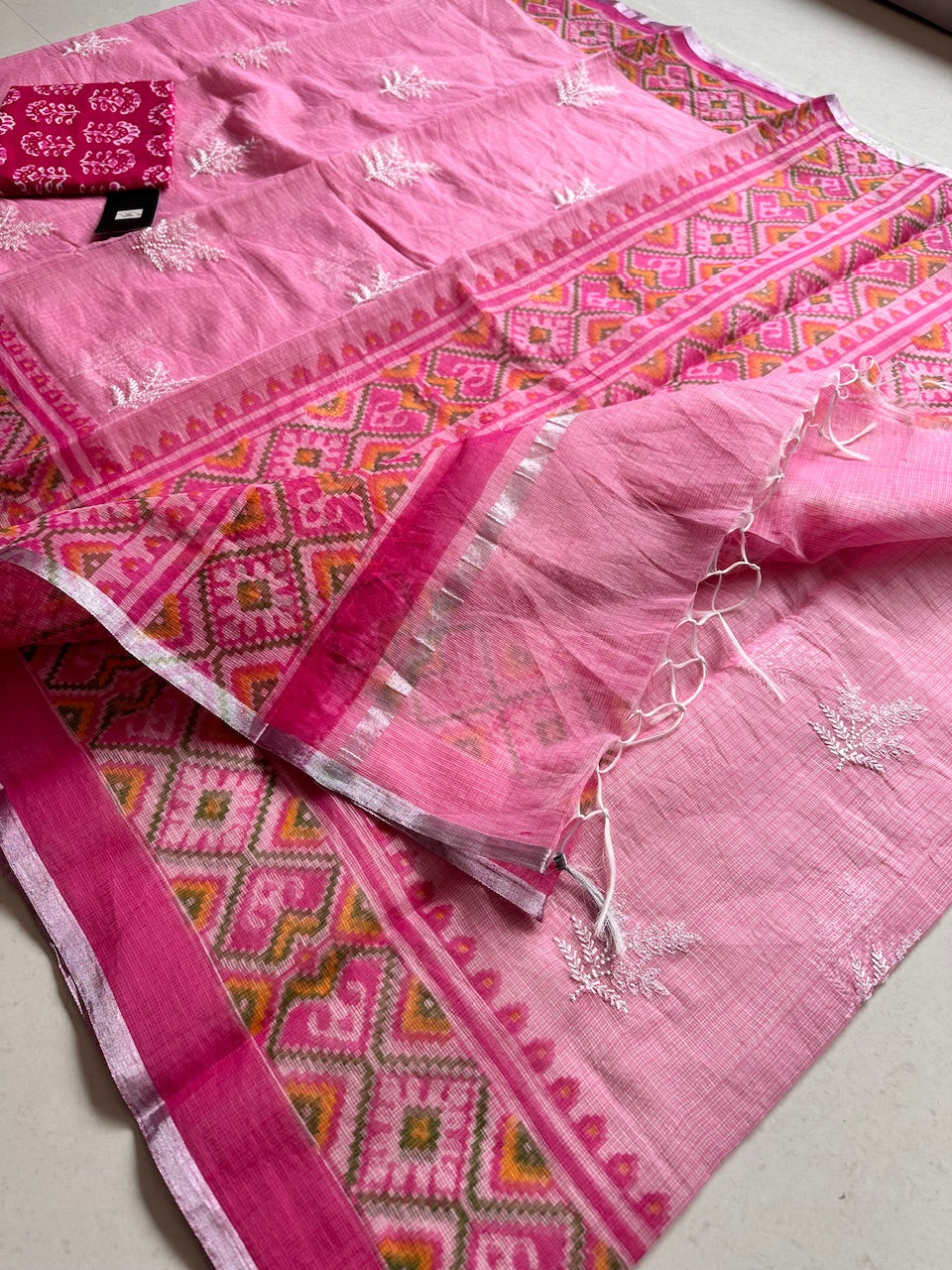 Embroidered HandBlock Printed Kota Cotton Doria Saree