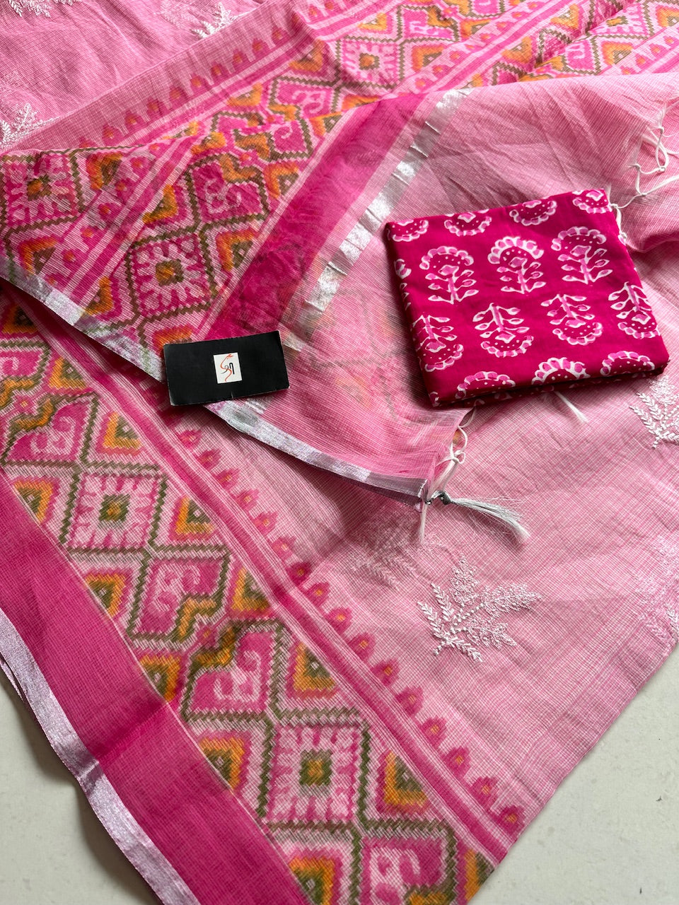 Embroidered HandBlock Printed Kota Cotton Doria Saree