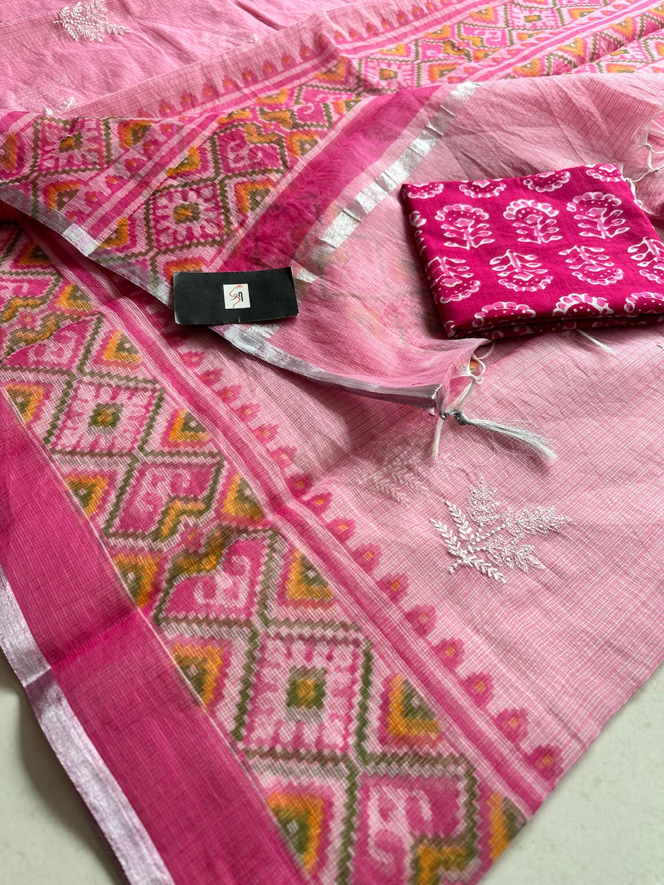 Embroidered HandBlock Printed Kota Cotton Doria Saree